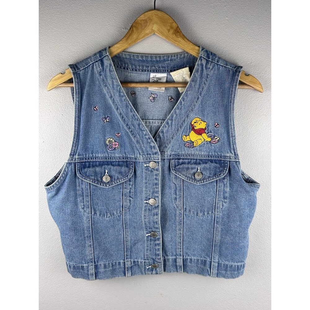 Vtg Winnie The Pooh And Friends Denim Vest Embroidered Front And Back Size M Y2k